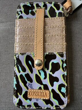 Consuela Lavender Leopard Glitter Card Phone Wallet with Tan Strap
